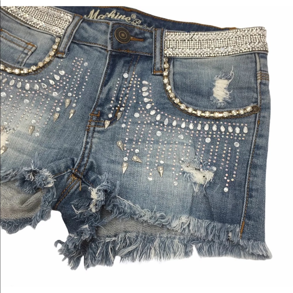 Machine Distressed Cutoff Jean Shorts Rhinestone - Picture 4 of 9